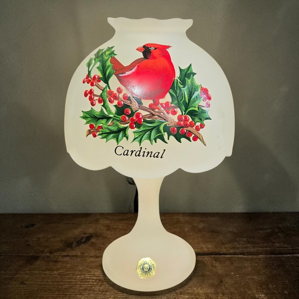 Westmoreland Satin Glass 2pc Fairy Lamp Red Cardinal Tree Frosted Pedestal Vtg